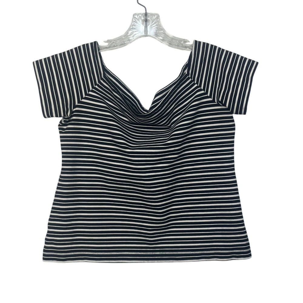 Ann Taylor Top Large Black White Stripe Square Neck Stretch Casual Chic